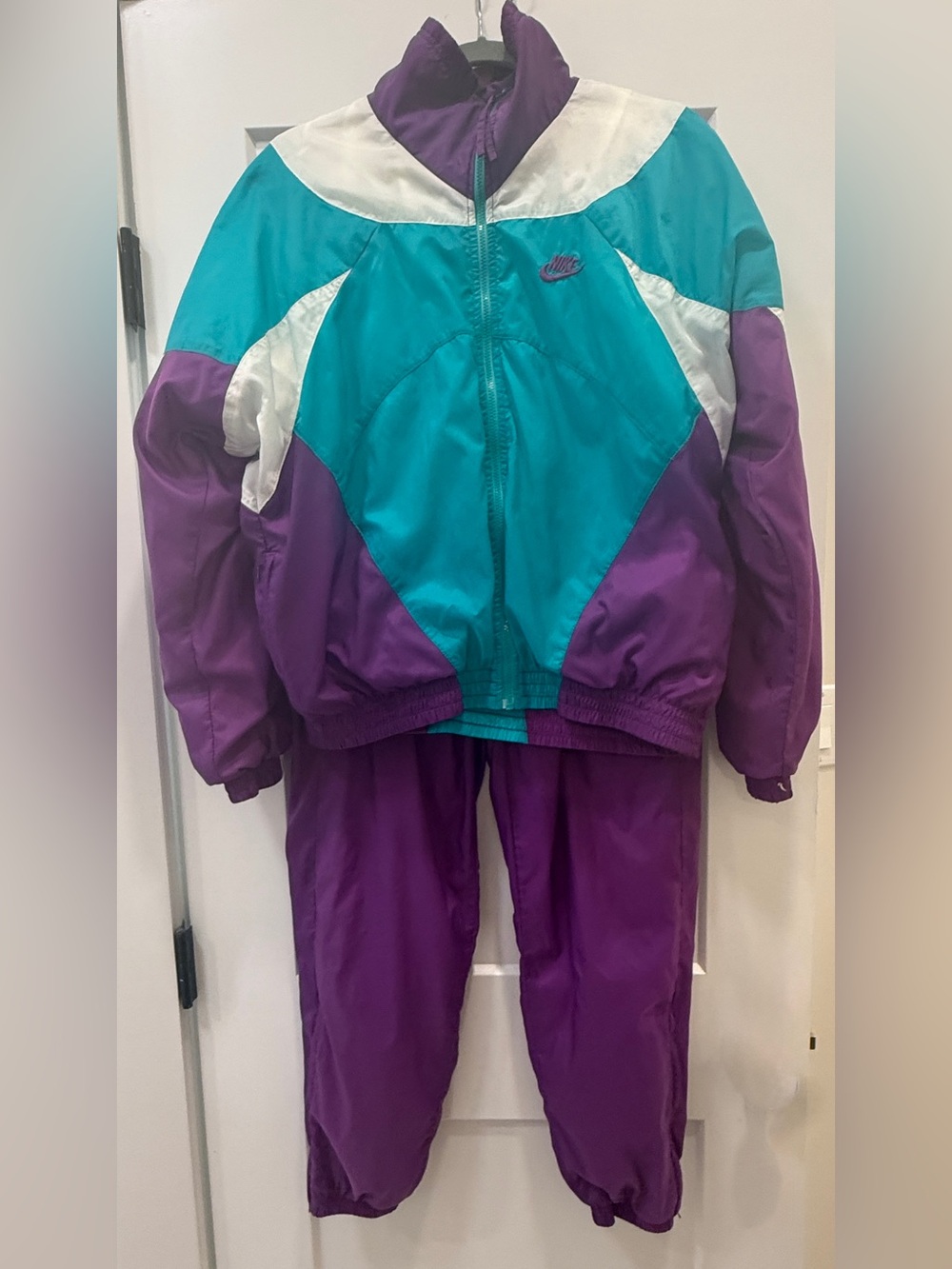 Vintage 1980s Nike Teal, Purple and White Retro Windbreaker Tracksuit